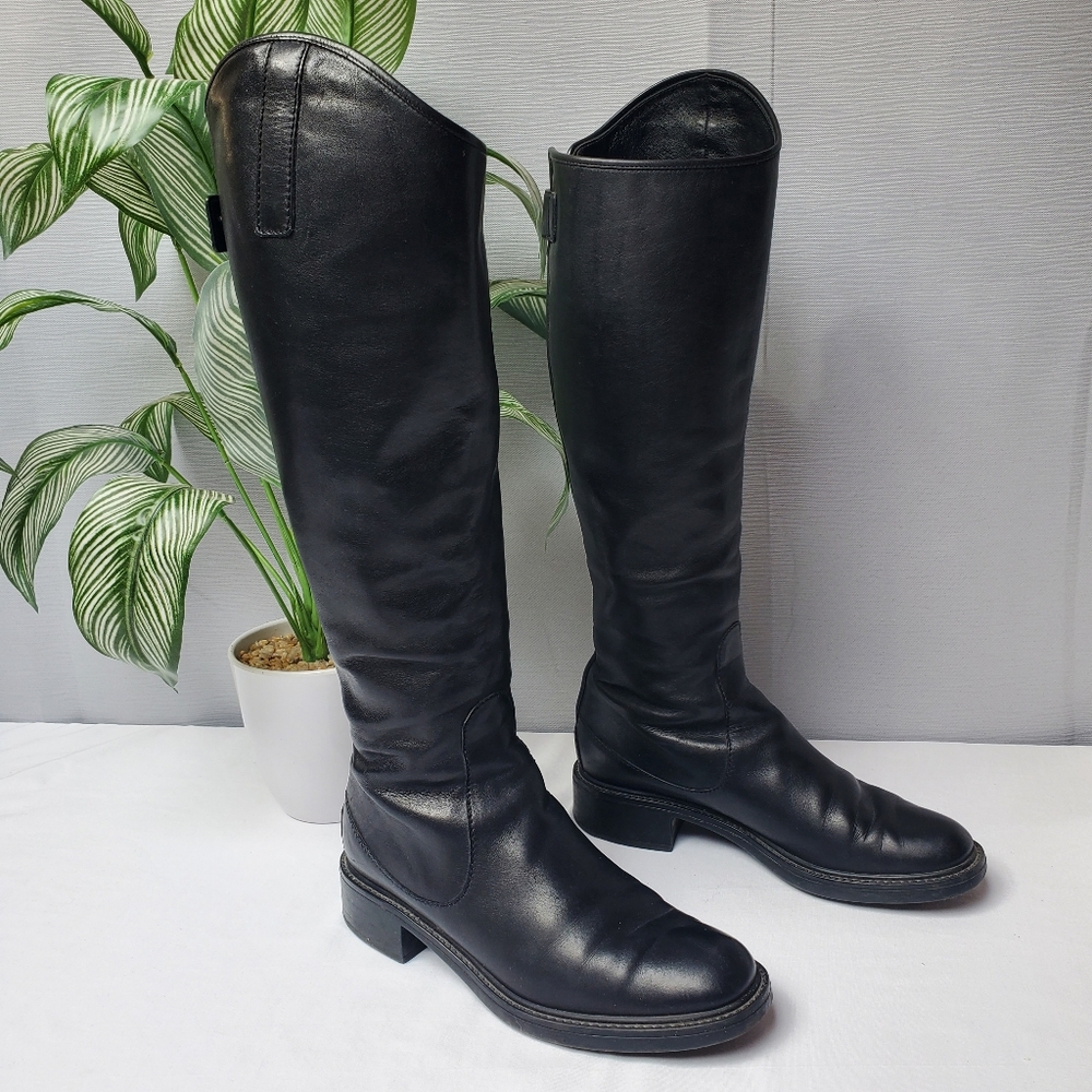 Gucci Black Leather Knee High Boots Low Heel Riding Boots Size 36.5